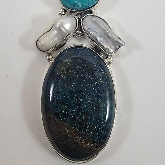 Goldstone Pendant Necklace – With Turquoise & Pearls + 20" Silver Chain - Picture 4 of 10